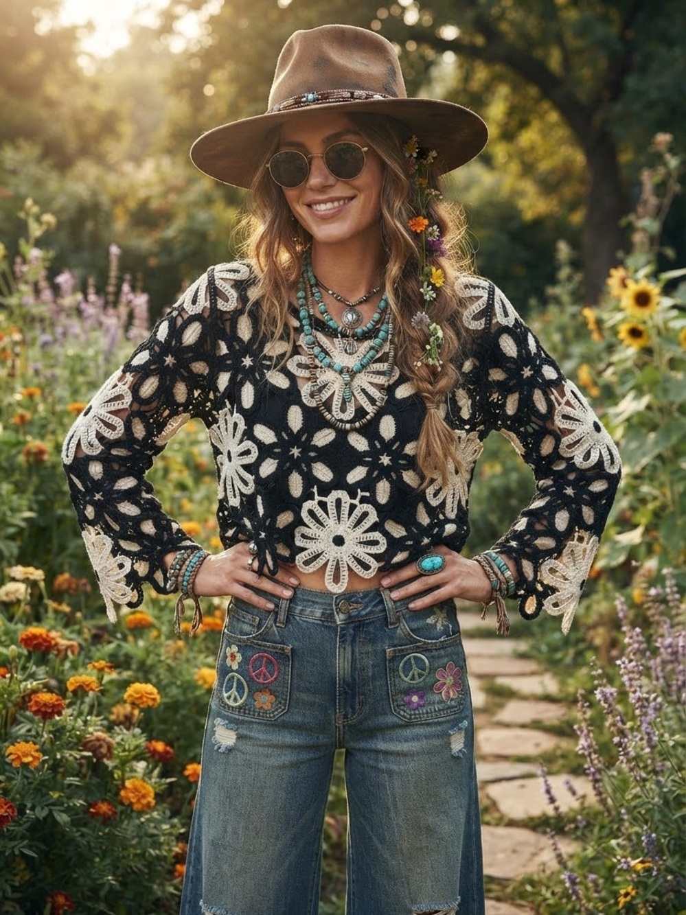 American Flirt Boho Floral Crochet Knit Crop Top Size M